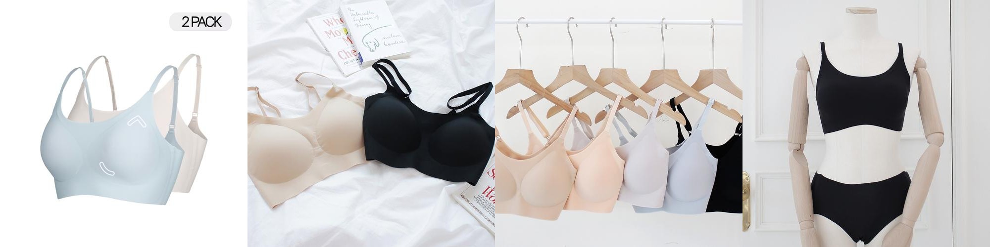 [2pack] 듀오 심리스브라 얇은 어깨끈 편안한 패드일체형 노와이어 브라 2매입