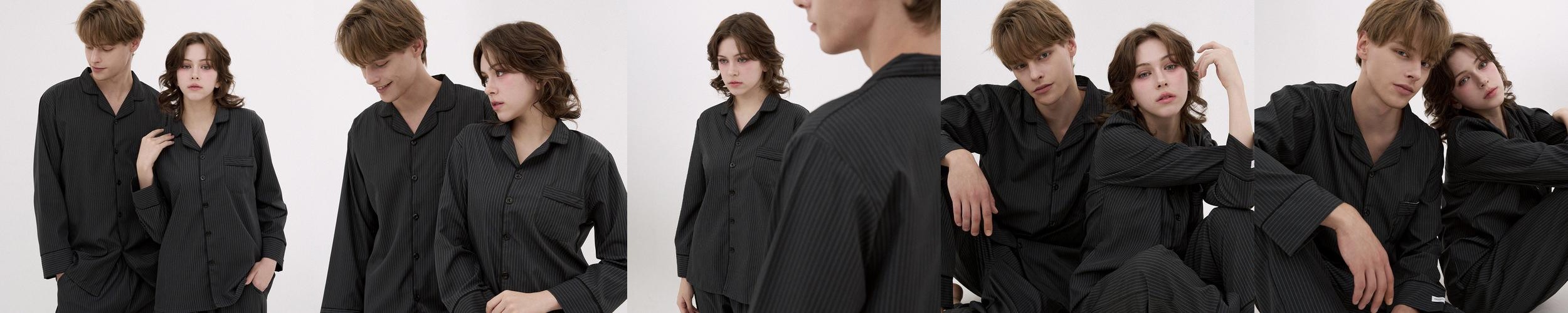 [도씨][2PACK]실크핏 모던 블랙 긴팔 카라 커플 잠옷 세트 홈웨어