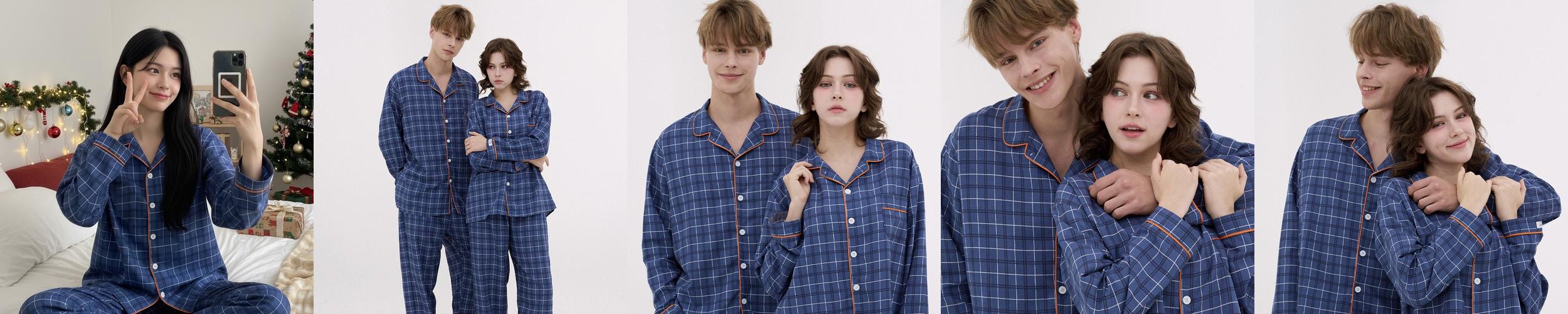 [도씨] 코튼라이크 블루먼 긴팔 카라 커플 잠옷 세트 홈웨어