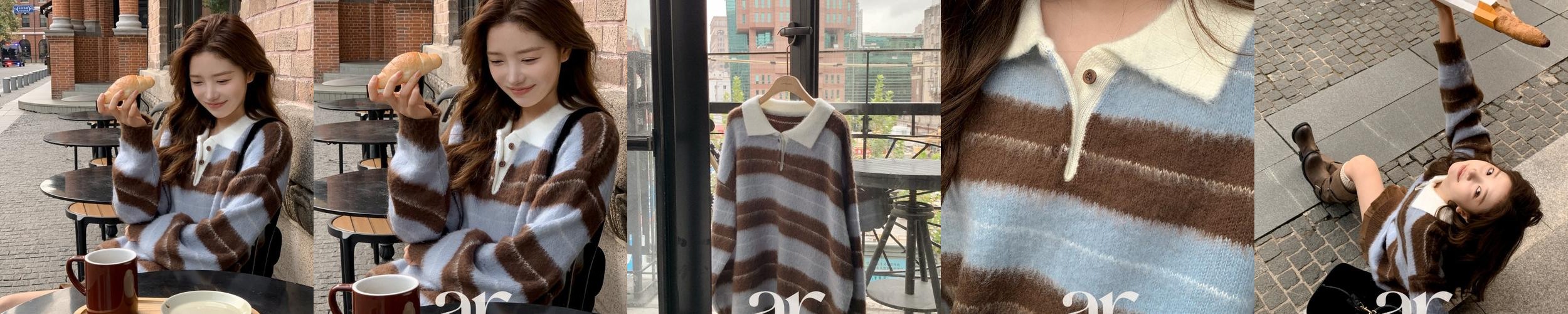 브러쉬 스트라이프 카라넥 버튼 긴팔 니트 nt5321