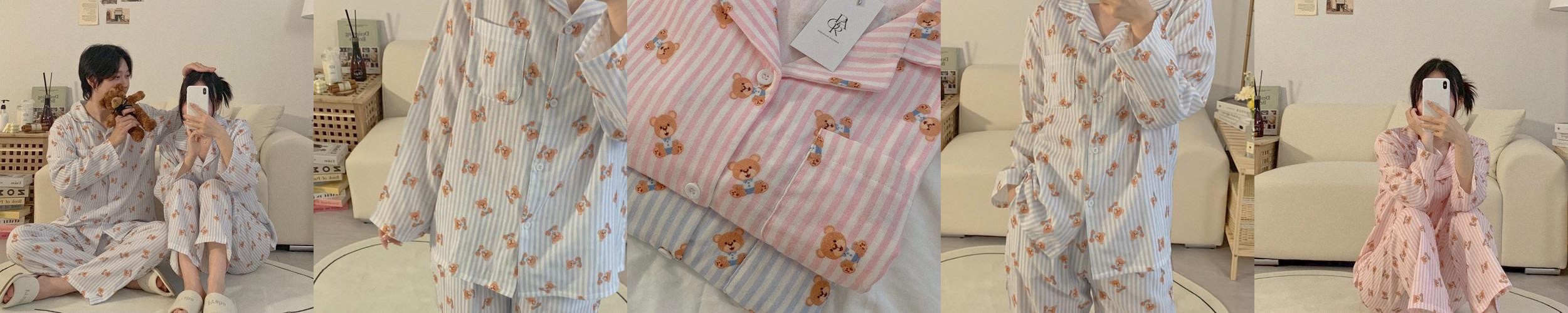 몽슈면 곰돌이 긴팔 세트 잠옷 커플 빅사이즈 순면 파자마 몽슈면 곰돌이 긴팔 세트 잠옷 커플 빅사이즈 순면 파자마