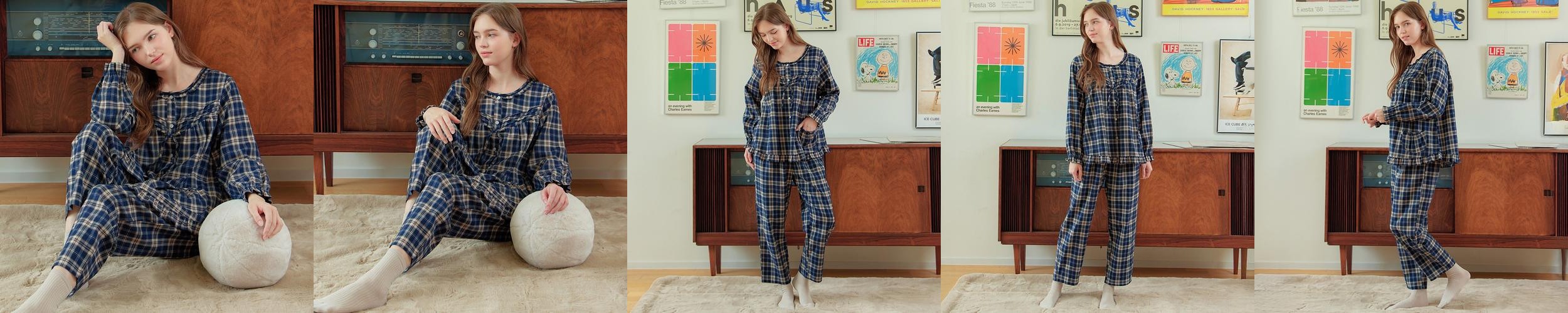 네이비타탄체크 긴팔 약기모 순면 빅사이즈 여성 홈웨어 잠옷 세트 네이비타탄체크 긴팔 약기모 순면 빅사이즈 여성 홈웨어 잠옷 세트