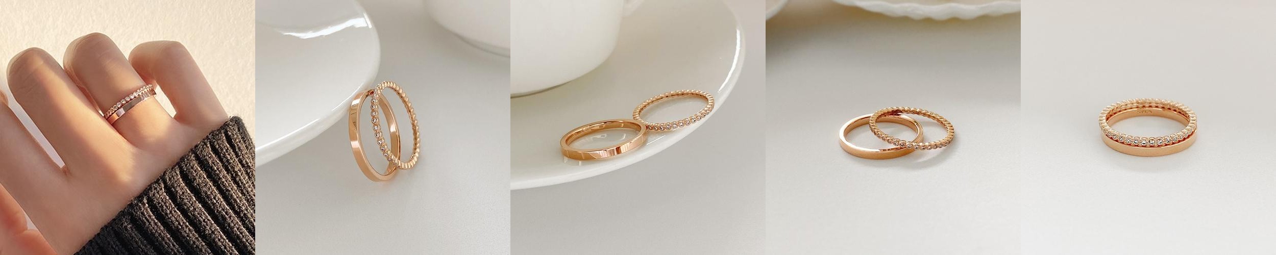 (무배/실버925) 14k 로즈골드 2종세트 플랫 & 큐빅 레이어드 반지 가드링